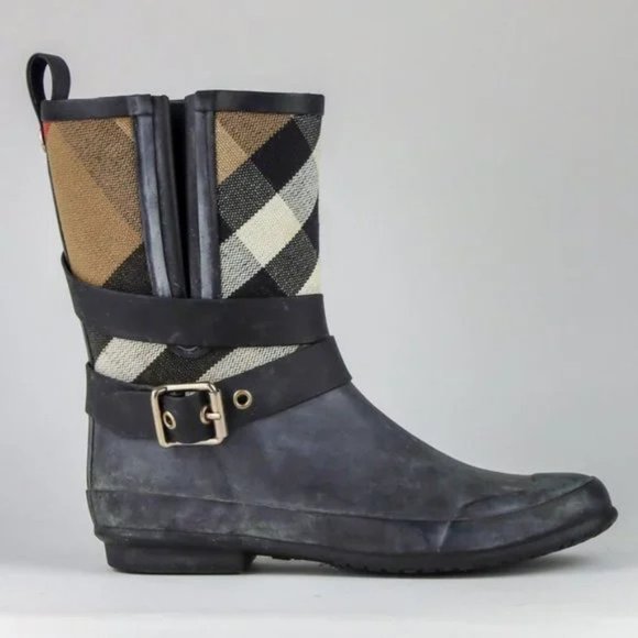 Burberry Black Check-Detail Belted Rain Boots - Picture 1 of 11